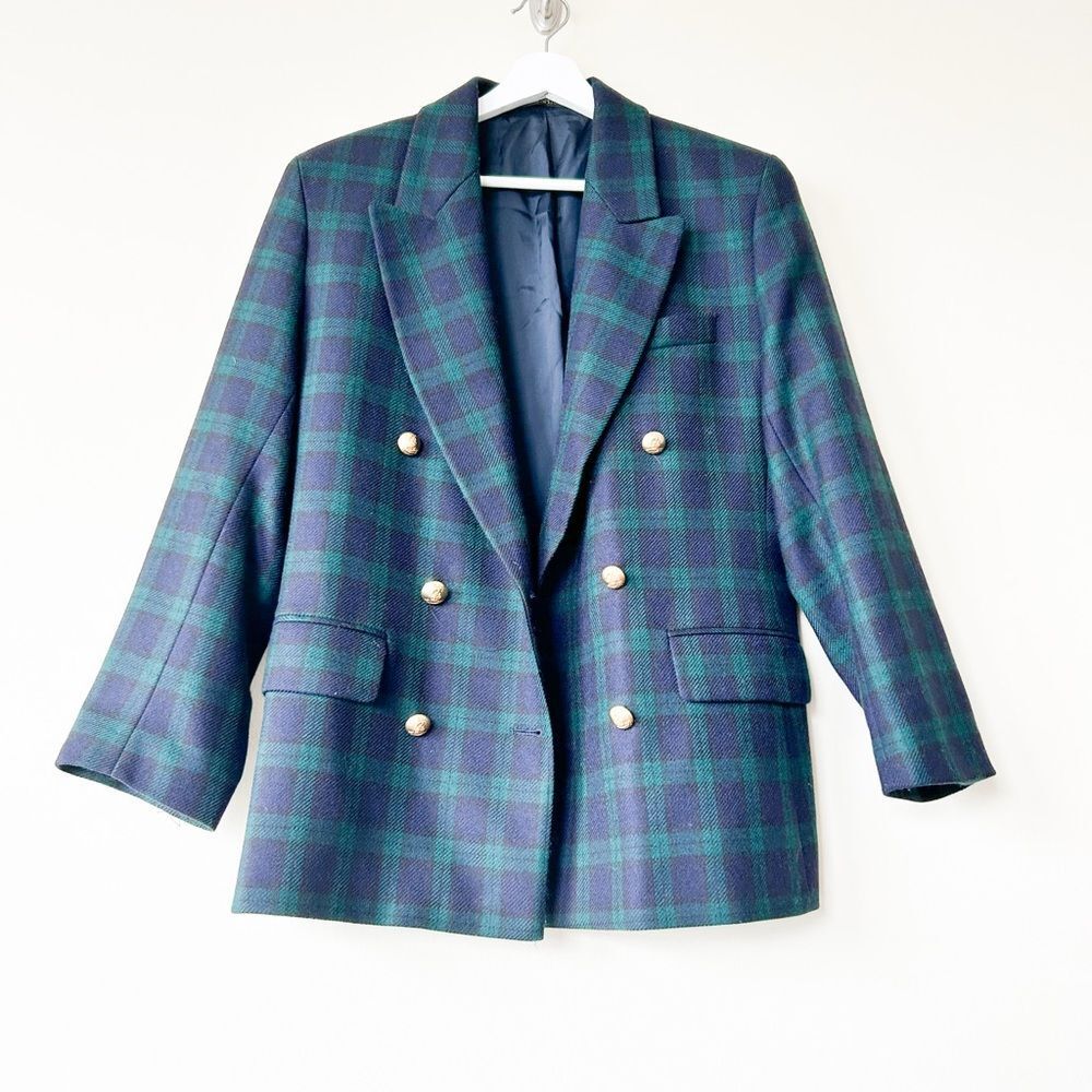 100% Wool Green and Blue Plaid Blazer